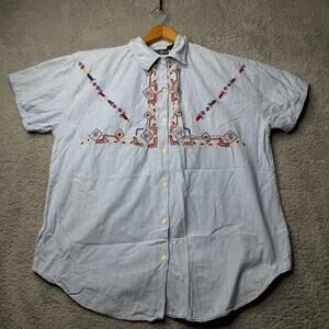 VTG Western Aztec Embroidered Shirt Women's Size 22 Blue Short Sleeve Button Up